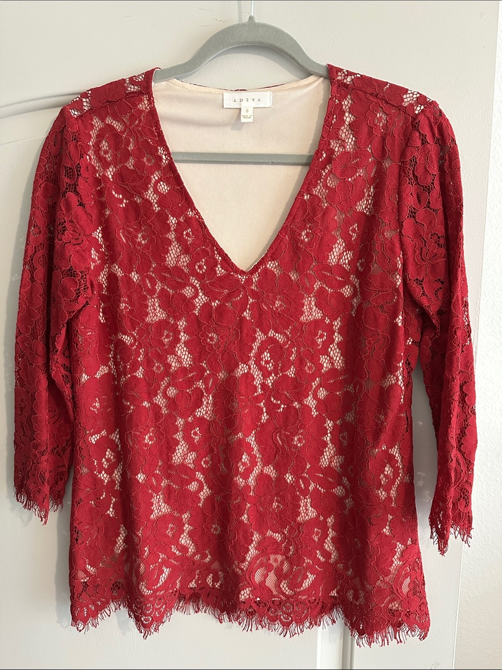 Adiva Red Lace V-Neck Blouse